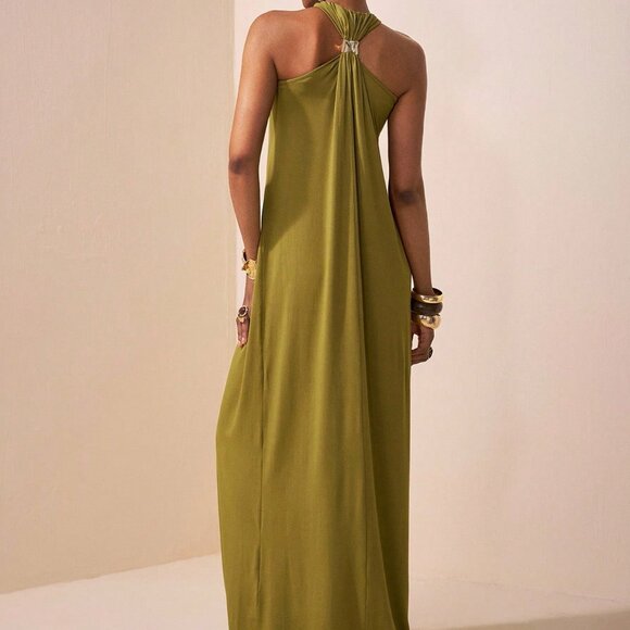 Army Green Casual Maxi Backless Evening Dress - Picture 2 of 8